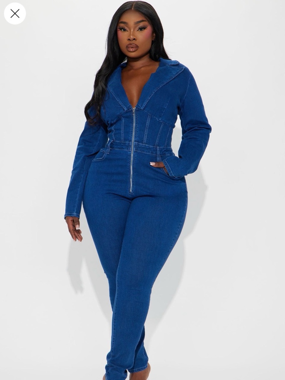 Fashion Nova Blue Denim Zip-Front Jumpsuit